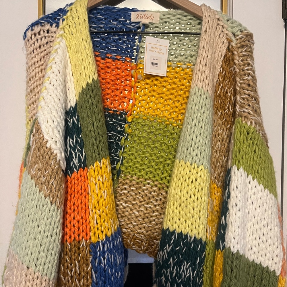 Listicle Green and Orange Chunky Knit Cardigan Sweater